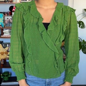 Women's Green Ruffle Long-Sleeve Blouse